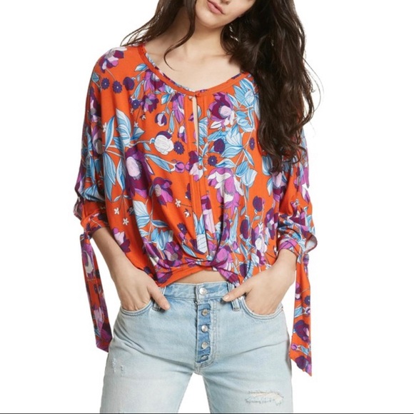 Free People Orange Jersey Keepin On Stretch Floral High Low Drapey Blouse - Picture 1 of 11